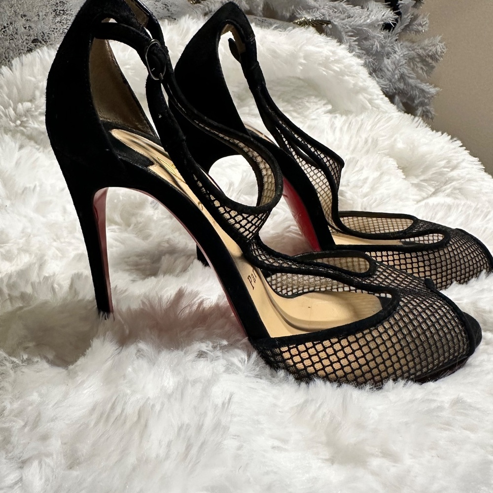 Christian Louboutin Suede Mesh Accents T-Strap Pumps - Picture 4 of 5